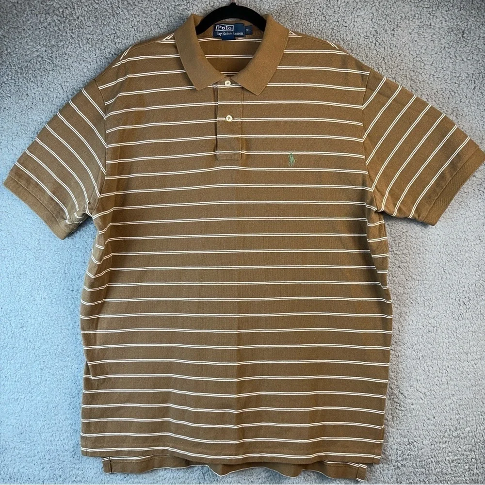 Polo by Ralph Lauren Shirt Mens XL Brown Stripe Knit Polo Green Pony Logo